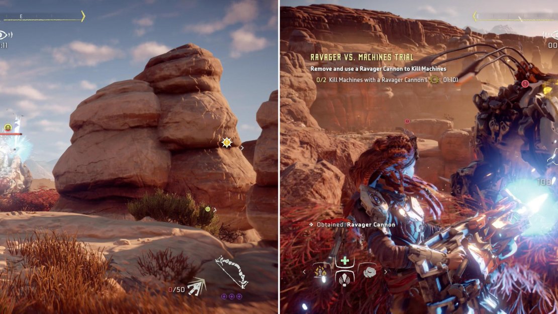 Shoot off a Ravager’s cannon (left) then use that captured weapon to disable two machines (right).