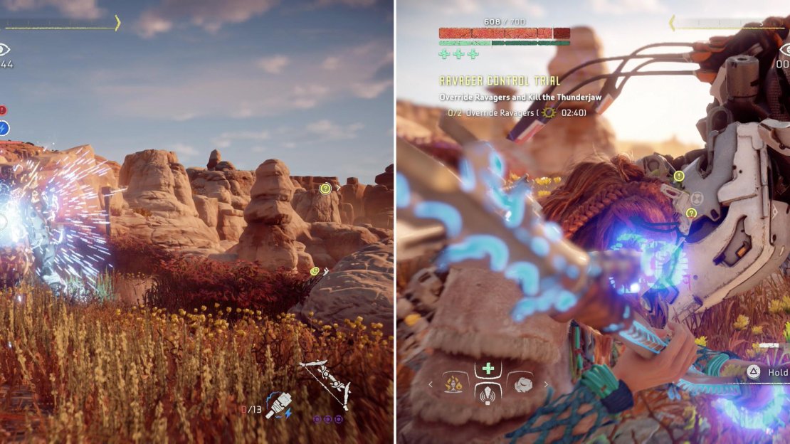 Stunning a Ravager with Shock Arrows (left) will make overriding the Ravager much easier (right).