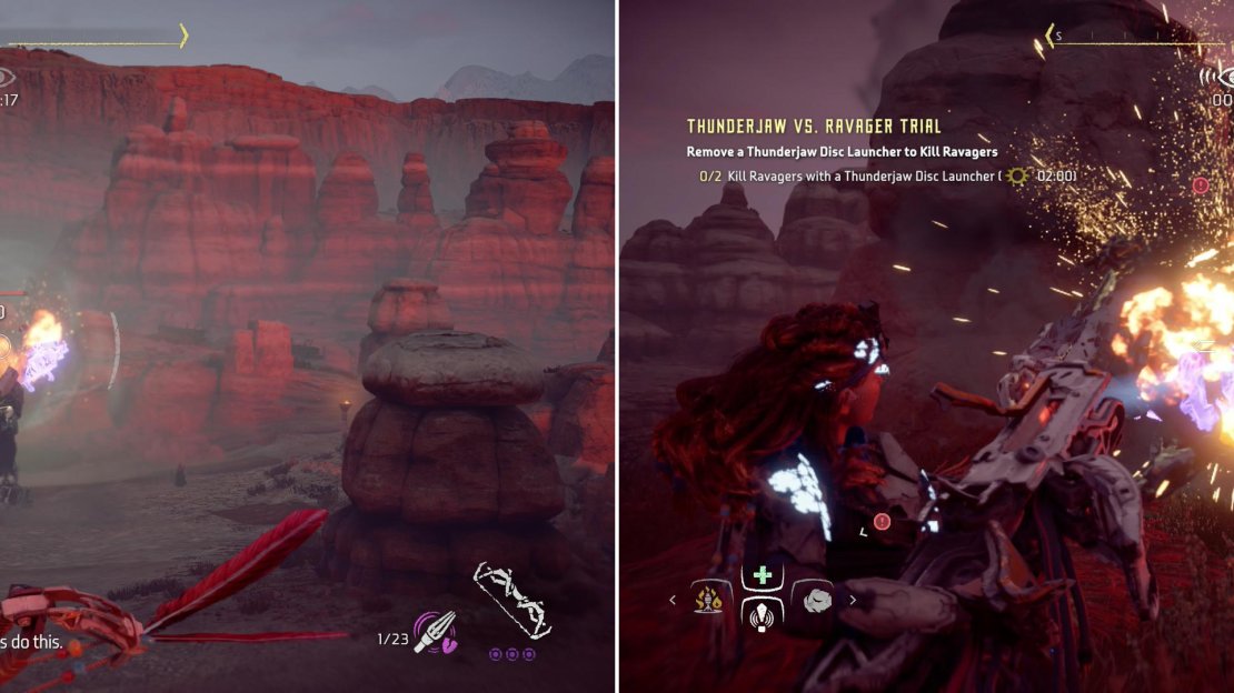 Tearblast Arrows will quickly dislodge a Thunderjaw’s Disc Launcher (left), which you’ll need to commandeer and use against the two nearby Ravagers (right).