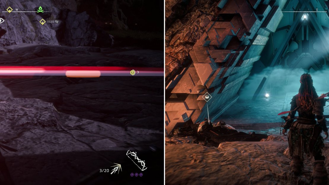Destroy the Watchers outside Cauldron RHO (left) then descend into a pit to find a subterranean door you can override (right).