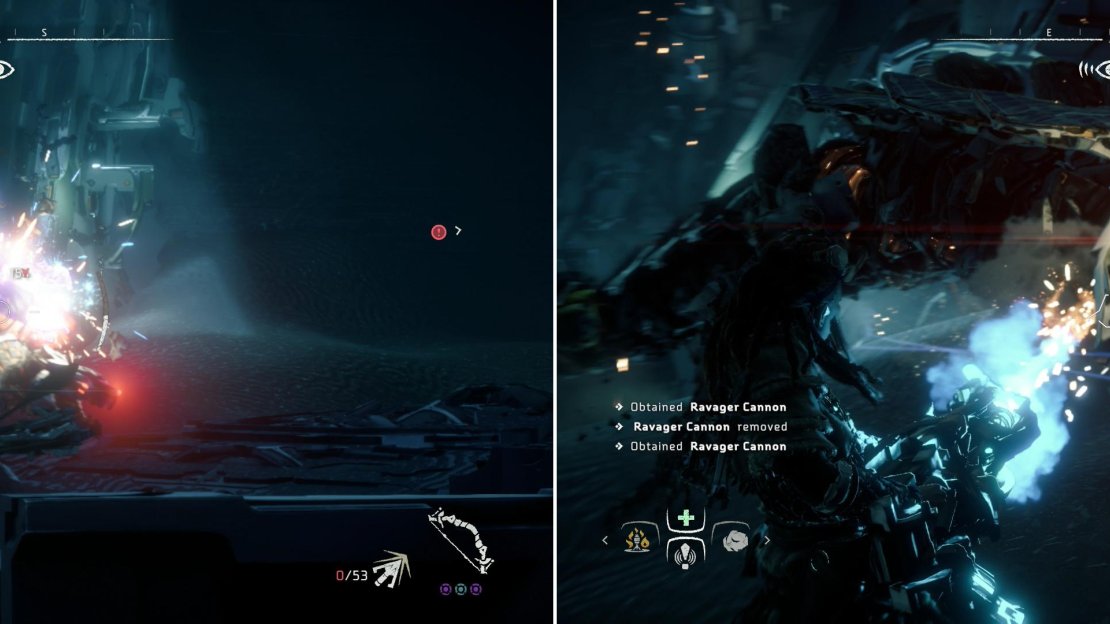 Guarding the Cauldron Core are a Snapmaw and a Ravager, the latter of which possesses a tool you can shoot off (left) and turn against the machines (right).