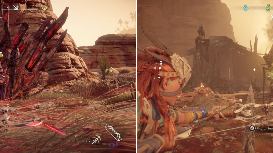Circle the perimeter of the Bandit camp and pick off any foes that present themselves (left) then climb onto the wall along the southern end of camp to find the alarm in easy shooting range (right).