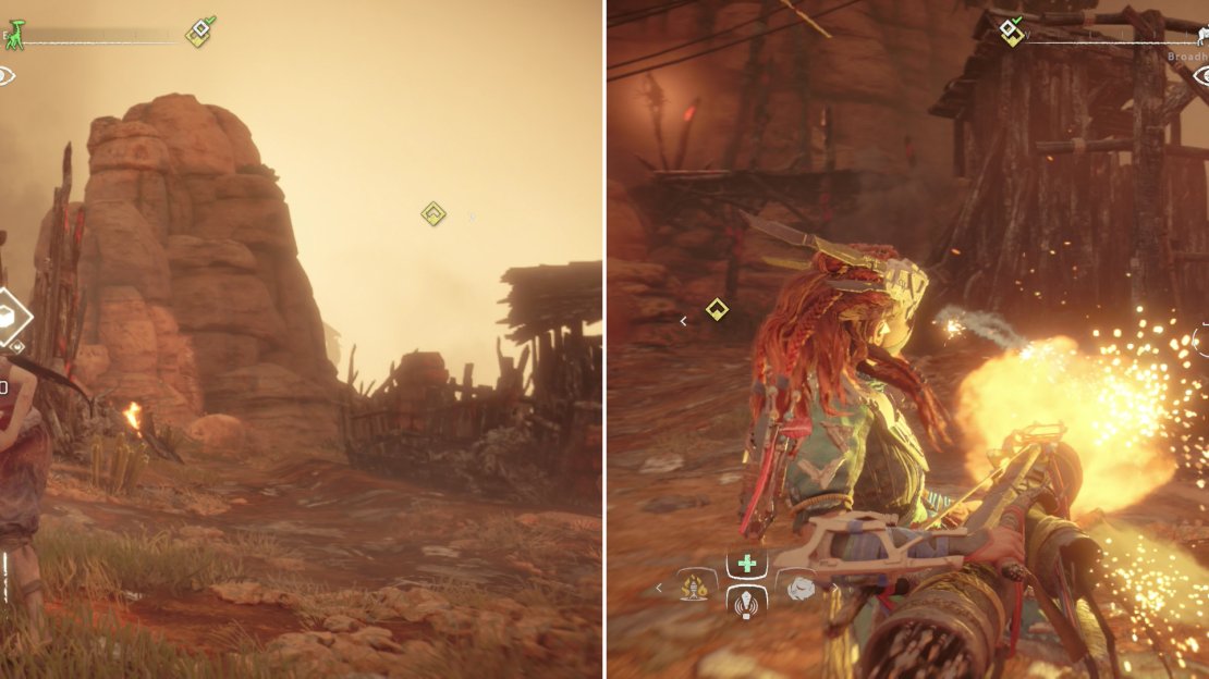 Clearing the interior of the camp will require a more hands-on approach (left), and as usual, commandeering a heavy weapon to finish things up is always good fun (right).