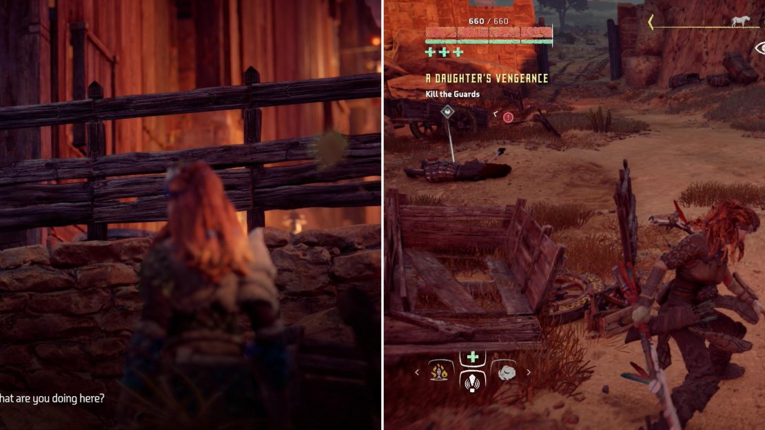 The guards at Lonesome Rock will get suspicious if you poke around too much (left) and your investigation will ultimately result in violence (right).