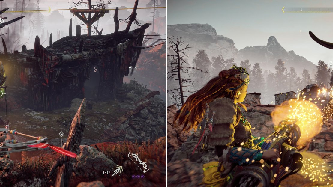 Mount the wall along the northern end of the camp to find the alarm (left). The Bandits in the center of the camp may call for less finesse and more fireworks (right).
