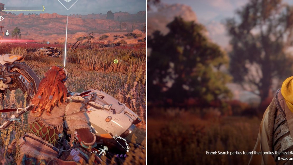 Wreck the machines pestering Erend (left) then meet up with Erend to learn about - and be led to - the ambush site (right).