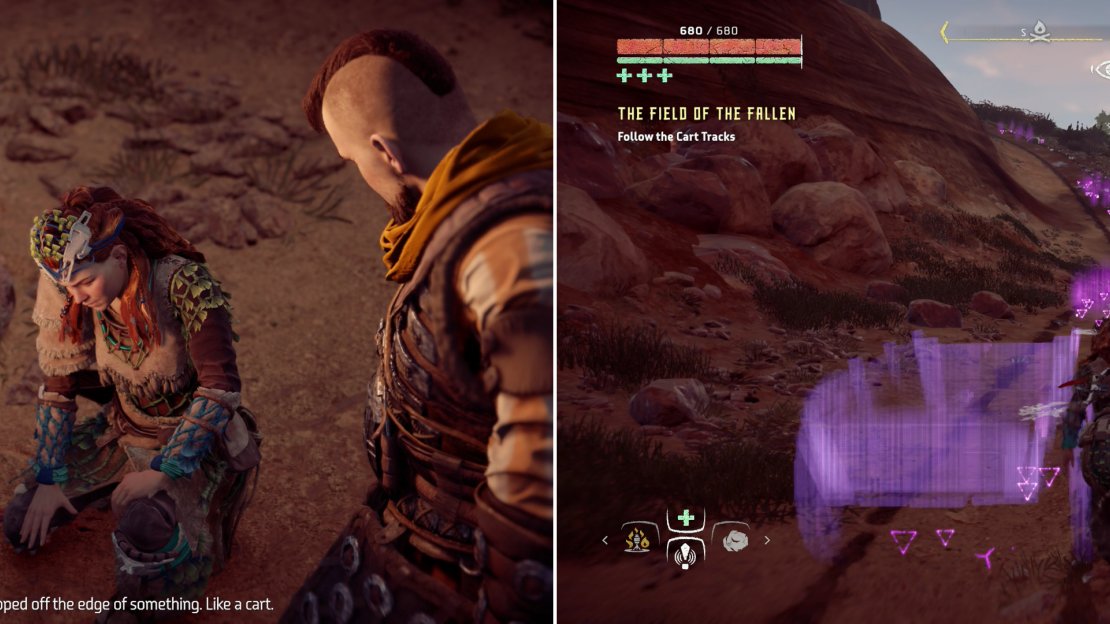 Aloy picks up obvious signs of duplicity at the ambush site (left) which allows her to track a rather obvious trail leading to some ruins (right).