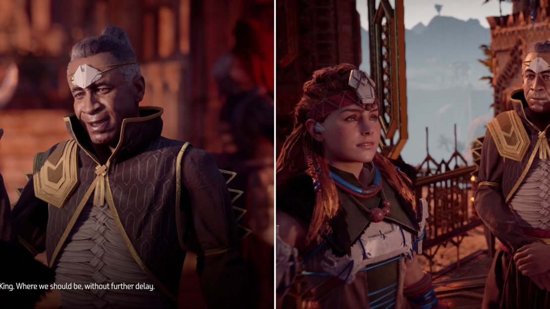 Approach the palace to meet up with Blameless Marad (left) who will take you to meet the Sun-King (right).