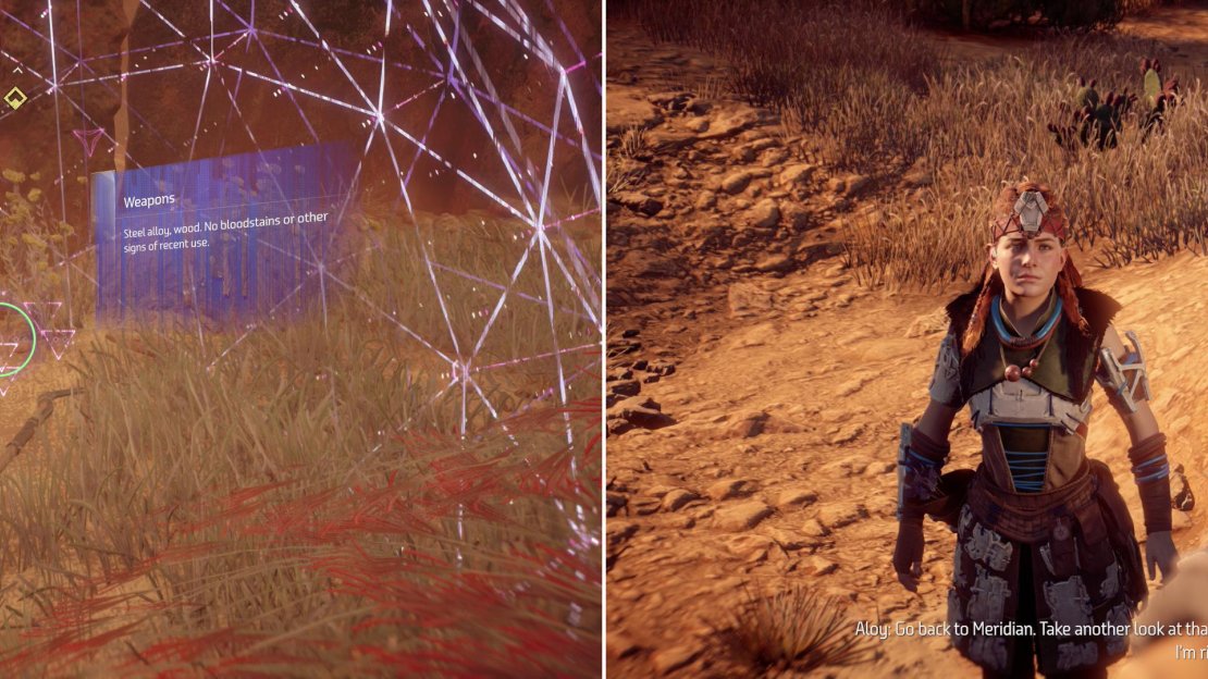 Search the real ambush site for clues about Ersa’s fate (left) which leads Aloy to make a rather startling conclusion (right).