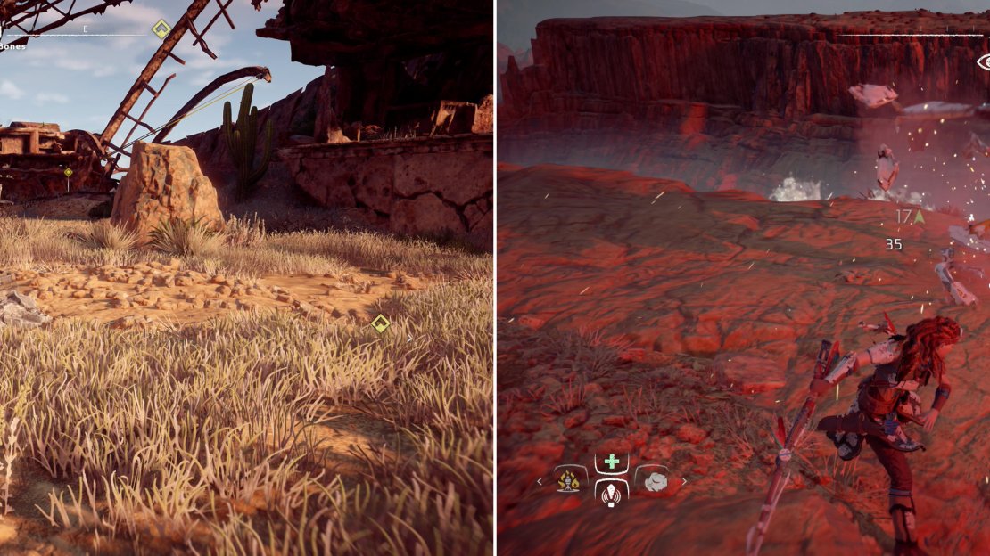 Outside of the ruins you’ll find a pile of Ancient Debris containing the Ancient Vessel - Jomei (left). Glinthawks prowl the cliffs between the Ancient Vessel and Metal Flower (right).