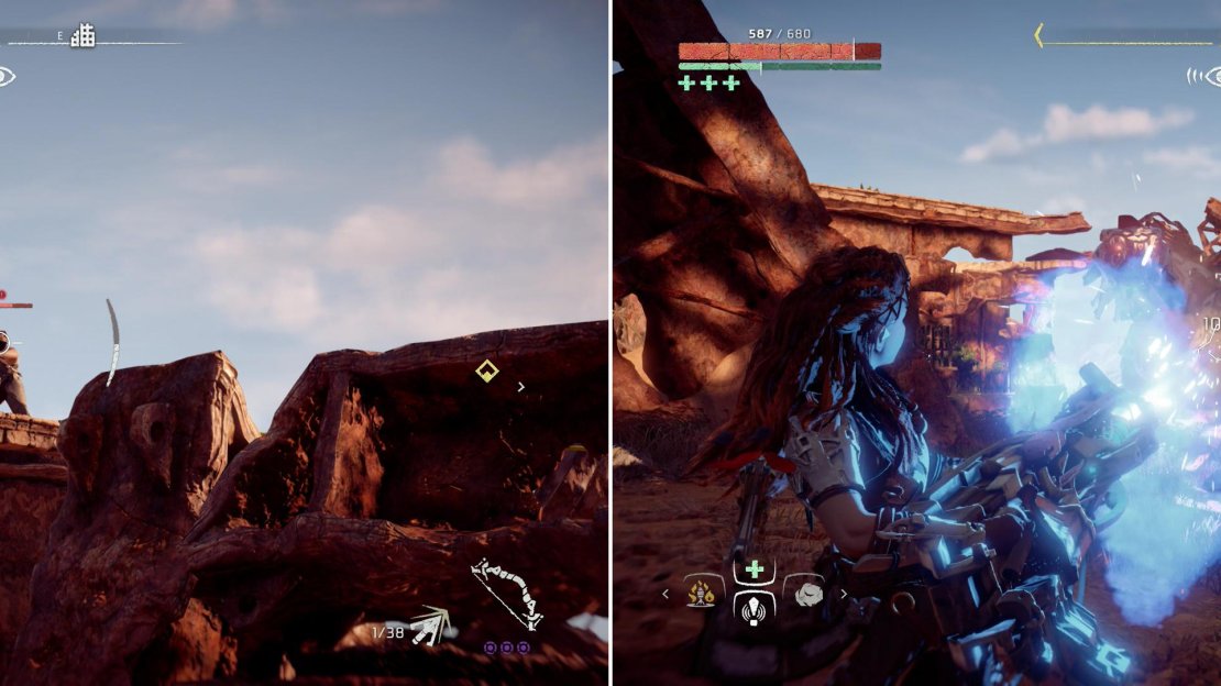 Kill the Oseram mercenaries at the real ambush site (left) and their pet machines (right).