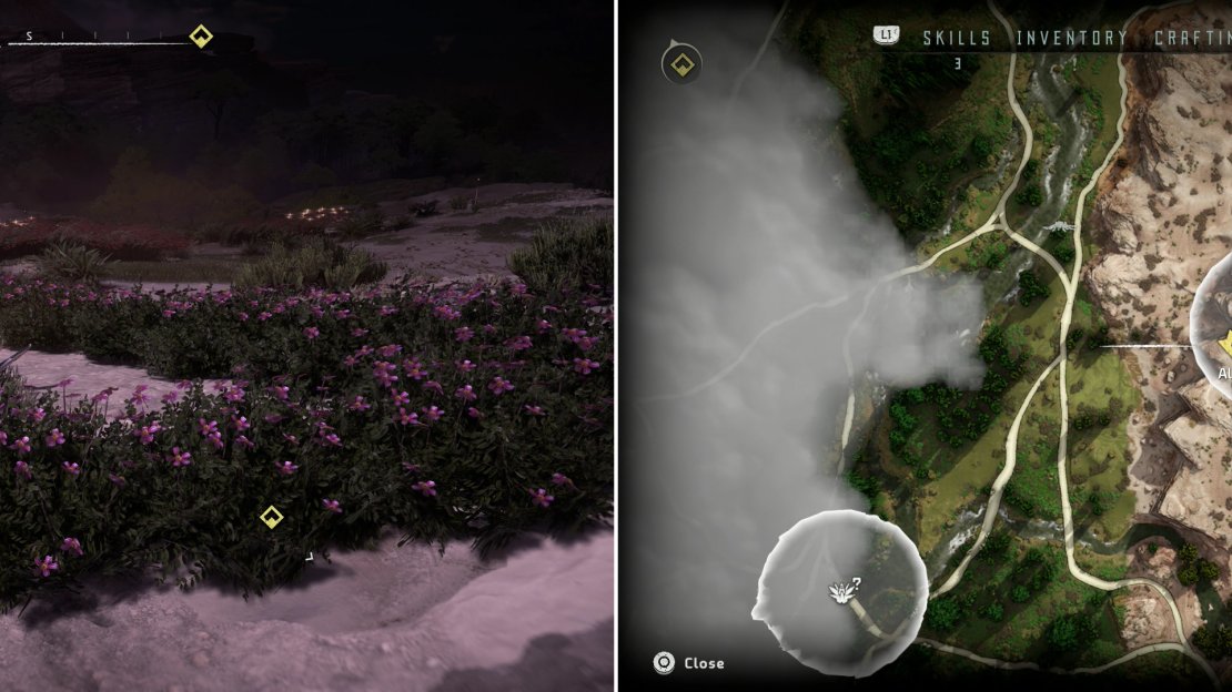 Metal Flower - Mark III (B) (left) can be found at the location indicated on the map (right).