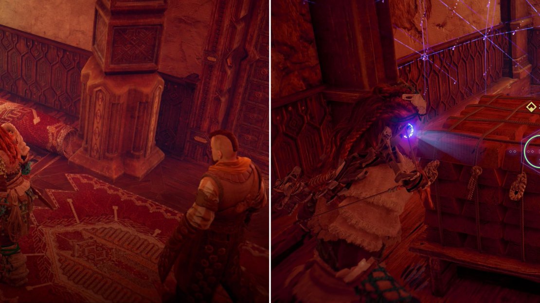 Search a carpet in the corner of the bottom floor to uncover a trap door (left), then head upstairs to find a “key” (right).