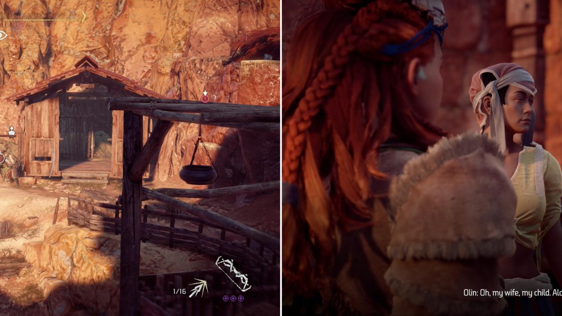 Olin will help distract the Shadow Carja guarding his family (left). After they’ve been slain, help reunite the family (right).