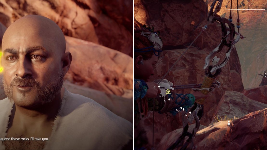 If he’s still alive, meet up with Olin near where his family is being kept hostage (left) then pick off a cultist guarding some rocks you can climb to reach the farmstead (right).