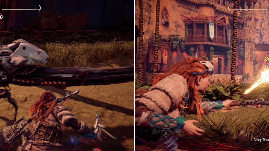 At the estate, take down the Watchers sneakily, if possible (left) then target the isolated Ravager (right).
