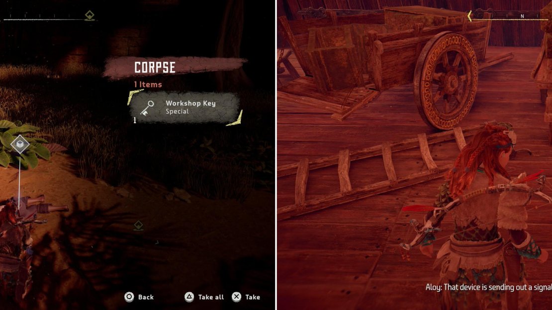 Search a body to find the Workshop Key (left) then investigate the Workshop to find the catalyst for the machine attack (right).