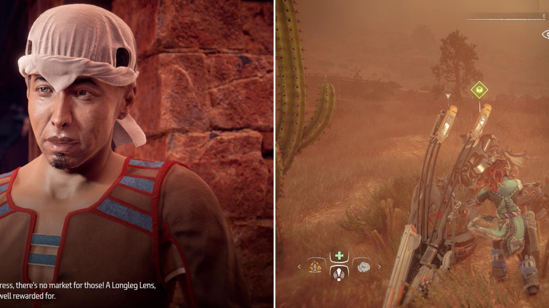 Two merchants squabble over what resources they want (left), to appease them both, collect a Snapmaw Lens and a Longleg Lens (right).
