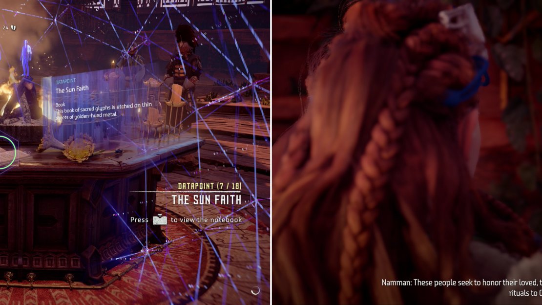 Scan a glyph in the outdoor shrine to learn more about The Sun Faith (left) then talk to the priest Namman, who has a task for you (right).