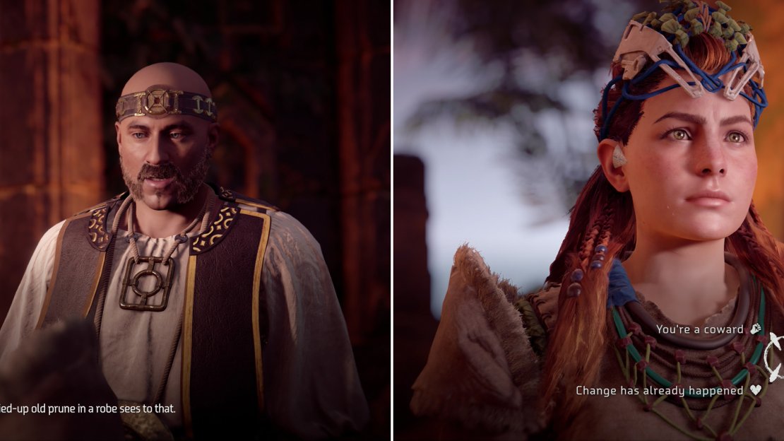 Brageld is blocked from completing his pilgrimage by a sun priest stuck in the past (left), but a simple trialogue option is enough to remove him (right).