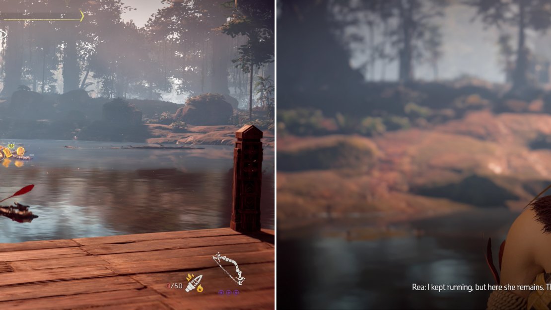 Destroy the Snapmaws infesting the water near the Lake Shrine (left) so Rea can reflect on her loss (right).