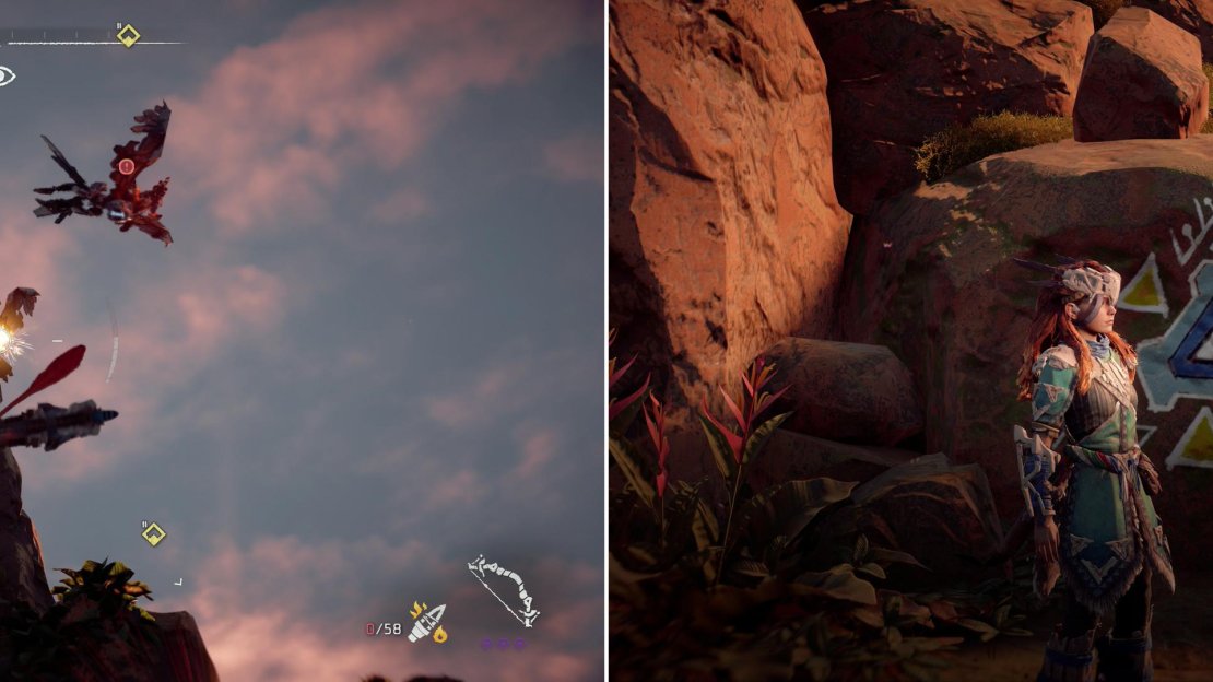 Kill the Glinthawks flying around Sun’s Climb (left) so the Banuk shaman can make his painting - and his peace (right).