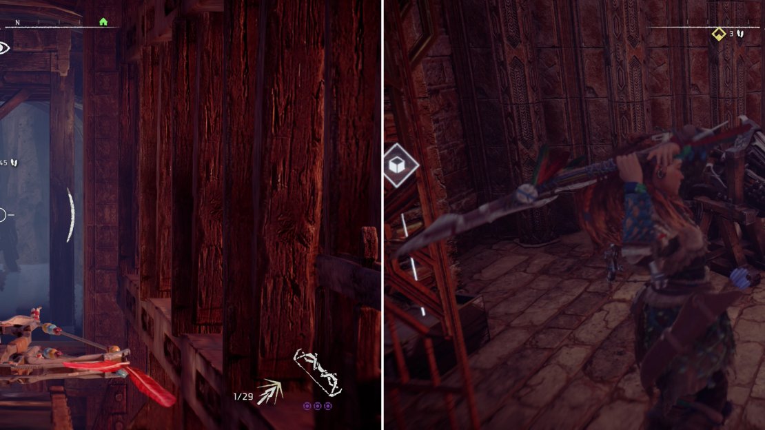 Kill the Oseram mercenaries (left) then disable Dervahl’s sonic device (right).