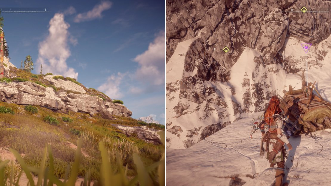 Spot a pole with colorful ribbons tied on it (left) which marks a nearby Banuk site, where you can climb to find the Banuk Artifact - Mother (right).