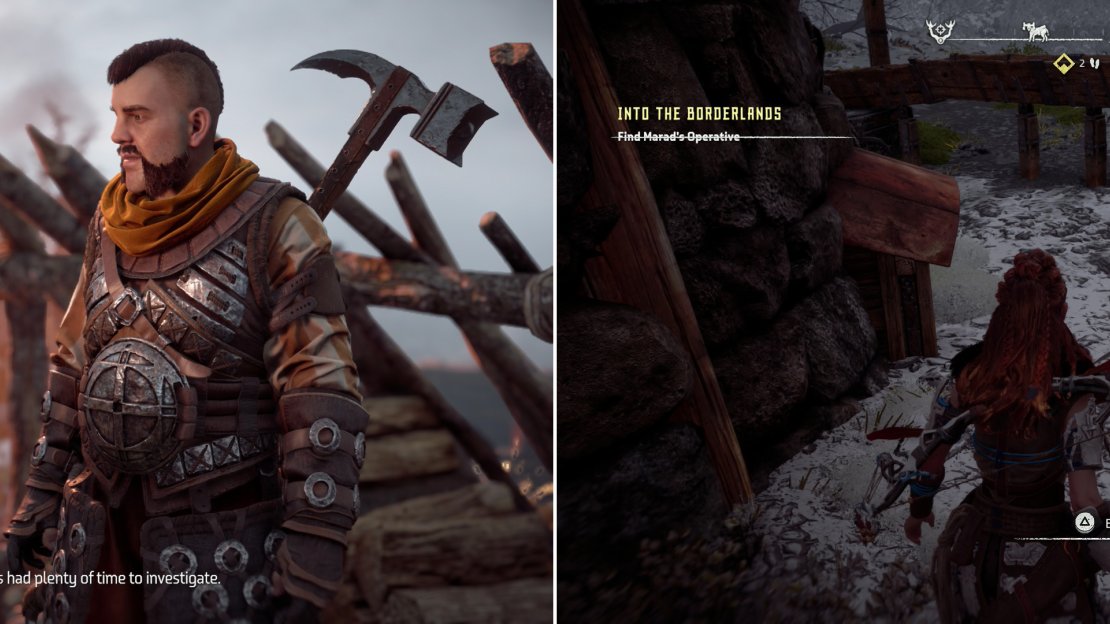 Meet up with Erend at Pitchcliffs (left) then locate Marad’s spy, who managed to leave intel before he died (right).