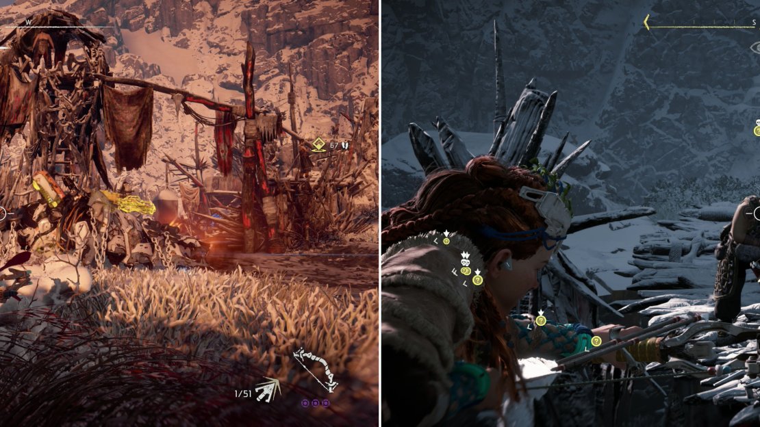 Shoots the chains tying down machines to unleash them on the Oseram (left). Don’t expect them to do all the work for you, however - some mercenaries will likely require your direct attention (right).