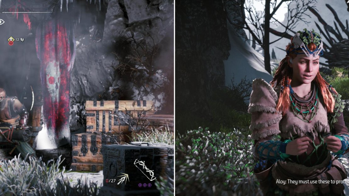 Defeat the heavily-armed mercenary that occupied Dervahl’s lair (left) after which Aloy will claim the devices that protected him from Dervahl’s sonic device (right).