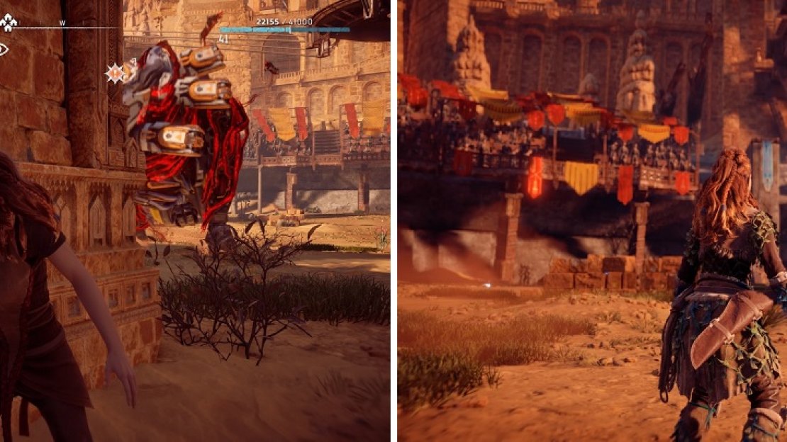 Lure the Behemoth into charging the pillars (left). This will knock down the platform, letting you regain your equipment (right).
