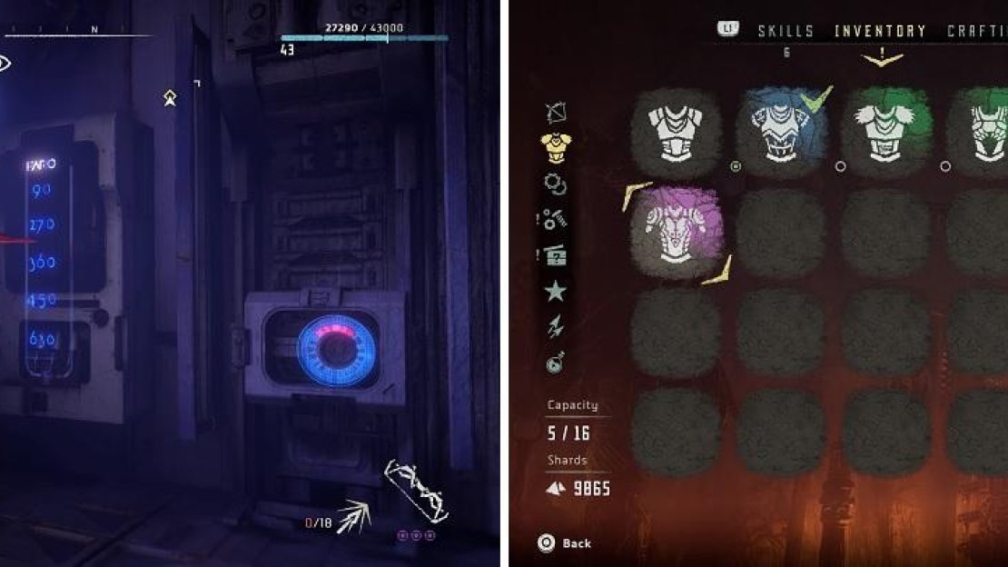 Solve the two puzzles in The Bunker (left) to access the Shield-Weaver Outfit (right).