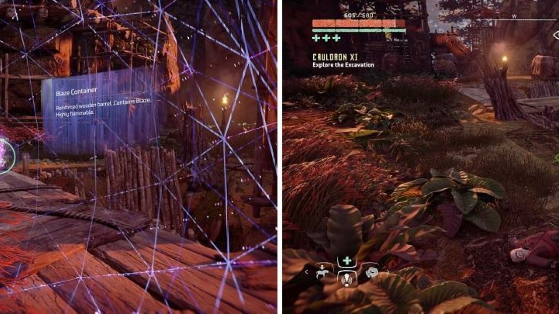 There are a lot of blaze containers around the area to help in fighting the cultists (left). You need an Excavation Key to enter the Cauldron (right).