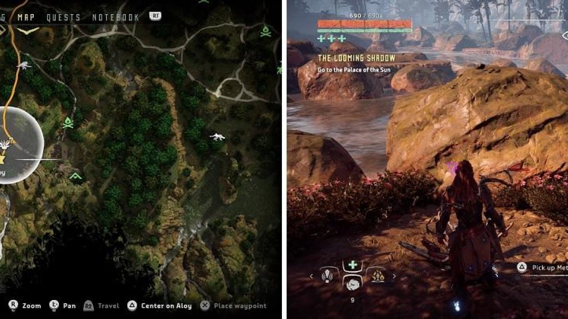 The location of the Metal Flower, both on the map (left) and in-game (right).