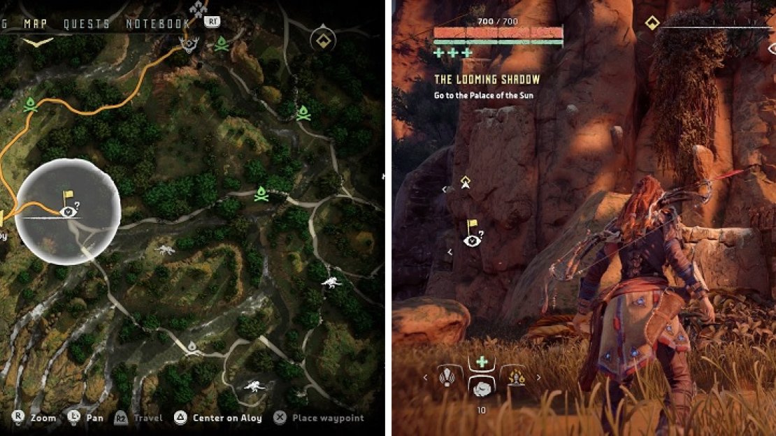 The location of where you need to start climbing to reach the Vantage Point, both on the map (left) and in-game (right).