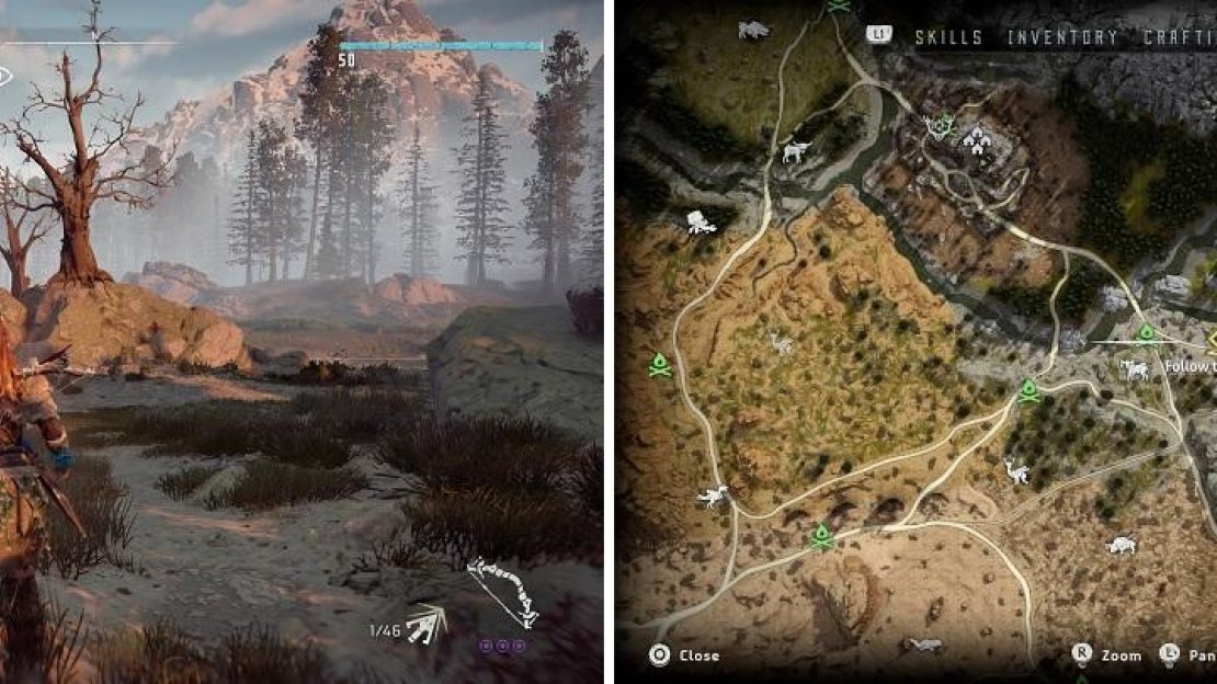The location of the Three Dead Trees, both in-game (left) and on the map (right).