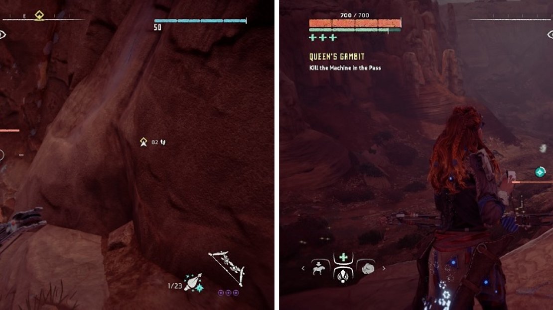 This ledge allows you to dodge the majority of the Rockbreaker’s attacks (left), while still being able to attack it (right).