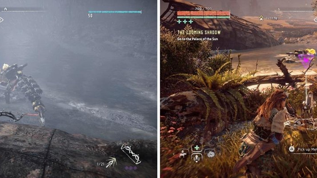 You may have to kill a few Snapmaws to get to the Metal Flower (left). You may also be lucky and can just sneak up to grab it (right).