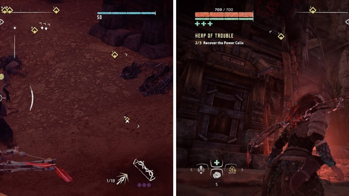 Having the high ground will prove useful (left). You can scale the marked rock wall to reach the Power Cell on the roof (right).