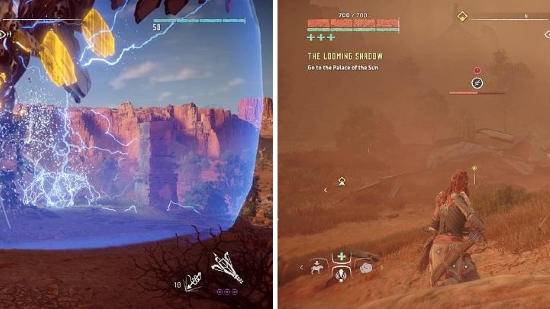 The Stormbird will chase after you with the force-field active (left). Tieing down the Stormbird with the Ropecaster is an effective strategy to keep it grounded (right).