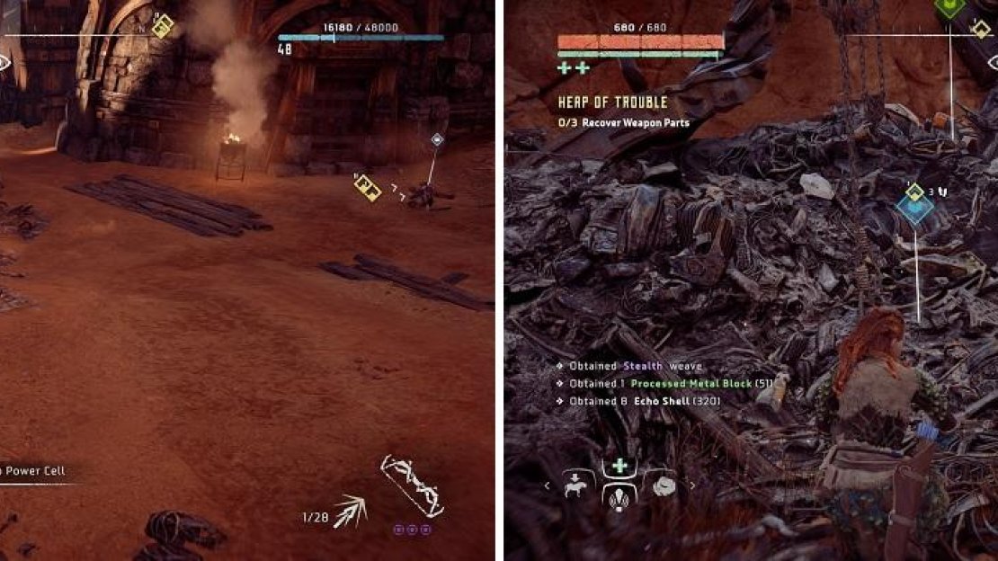 You need to find some Power Cells at the bandit camp (left), as well as Weapon Parts at the Scrapper Den (right).