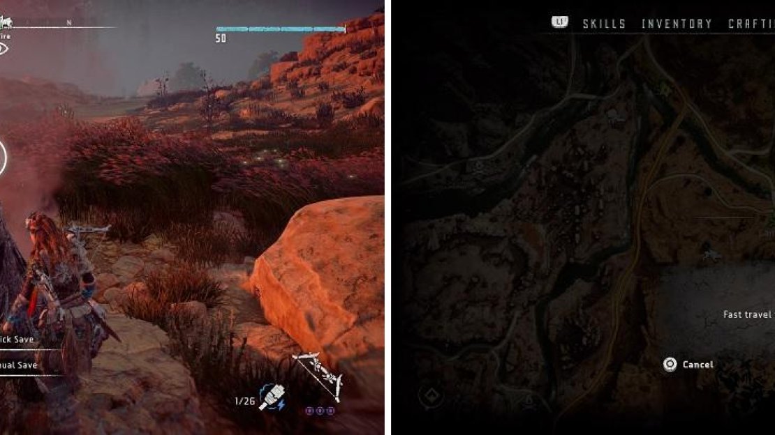 Campfires not only serve as save points (left), but you can also fast travel to them (right).