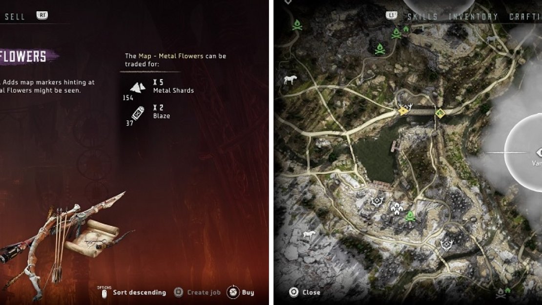 You can purchase collectible maps at a vendor (left) to have them give you a general location on your map (right).