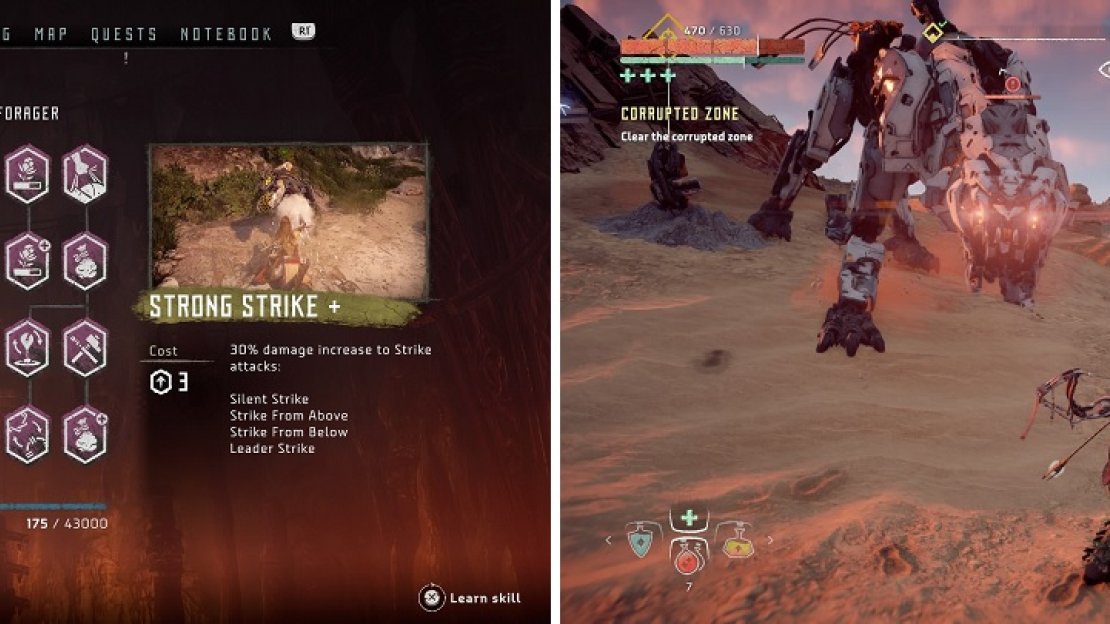 The Skill Tree in the game (left). You will receive a Skill Point every time you level up (right).