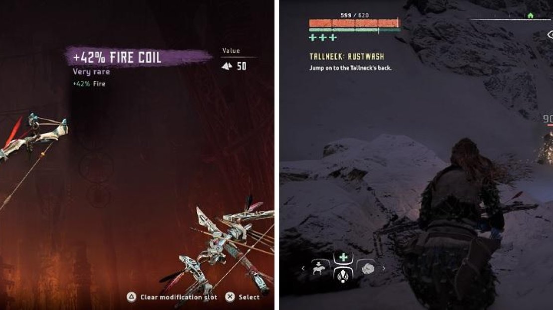 Modding the Hunter Bow with fire mods (left) will be a great way to take down some machines (right).