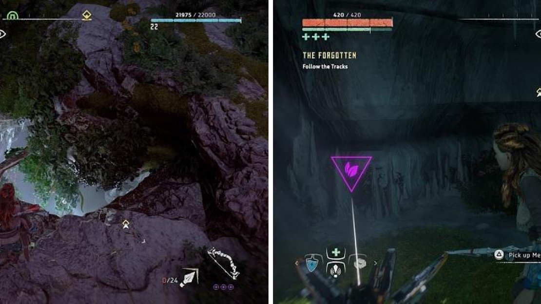 Return to the Ruins you visited as a child (left) to find a Metal Flower behind some stalagmites/stalactites (right).