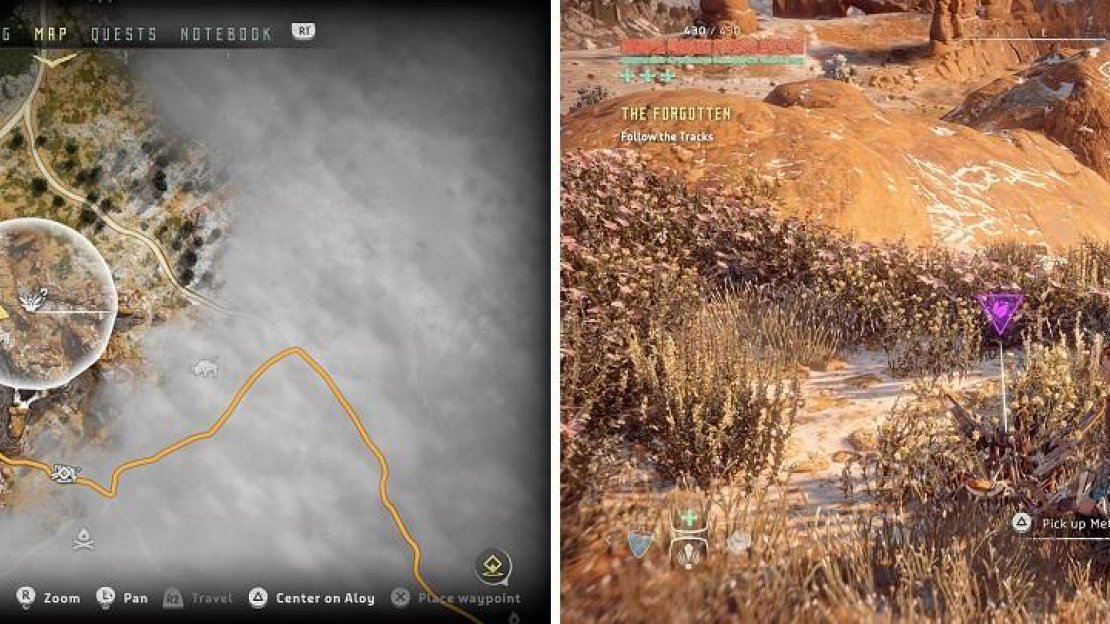 The location of Metal Flower - Mark II (F) on your map (left) and in the game (right).