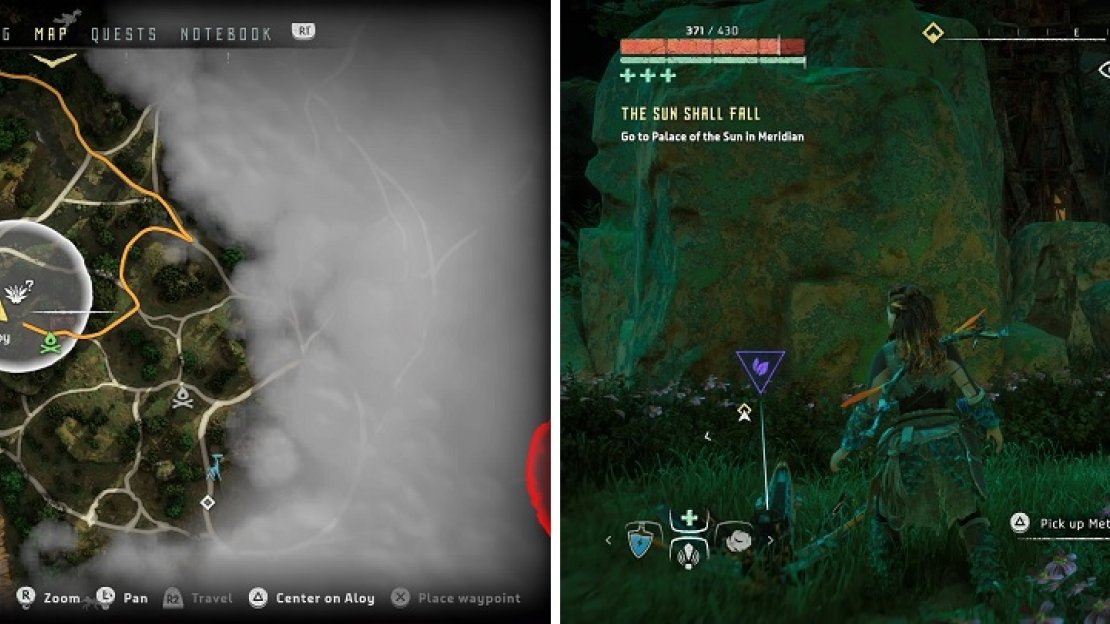 The location of Metal Flower - Mark III (F) on your map (left) and in the game (right).