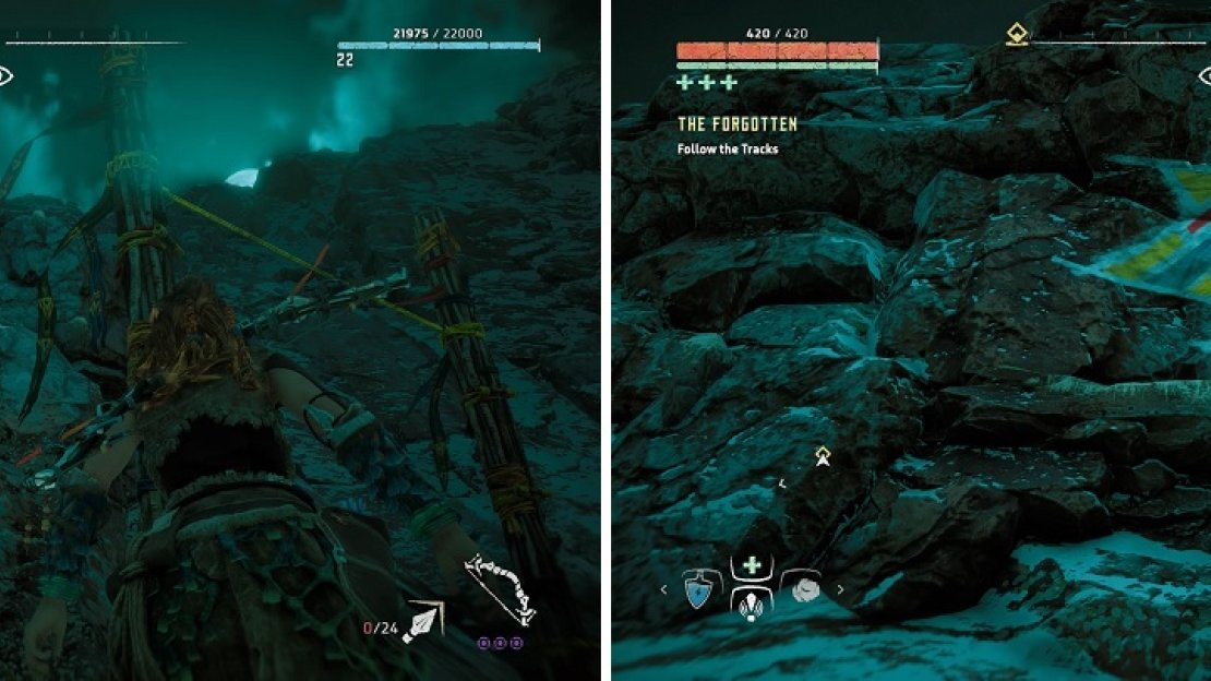 Banuk Figures can be found by first finding the Banuk paintings on the cliffsides (left) and following the footholds to each one (right).